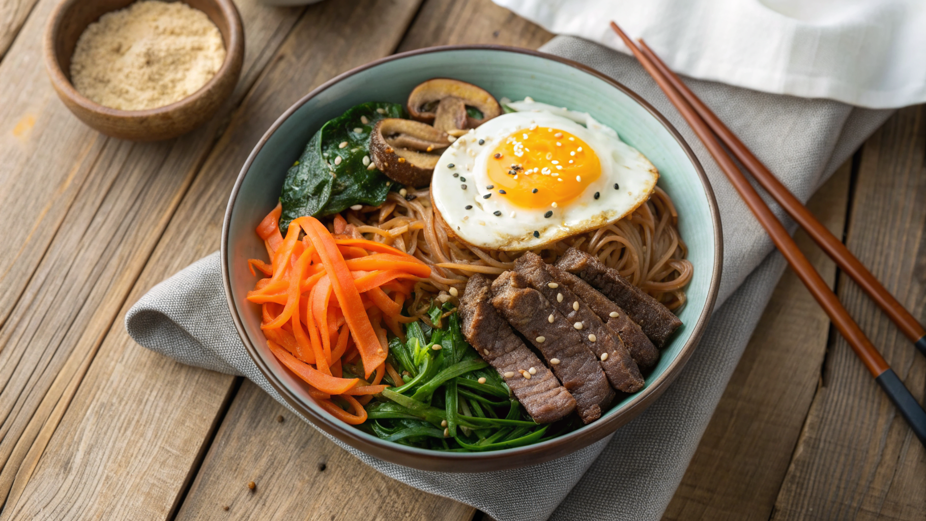 Kimchi Bulgogi Japchae Bowl with beef, glass noodles, vegetables, and fried egg