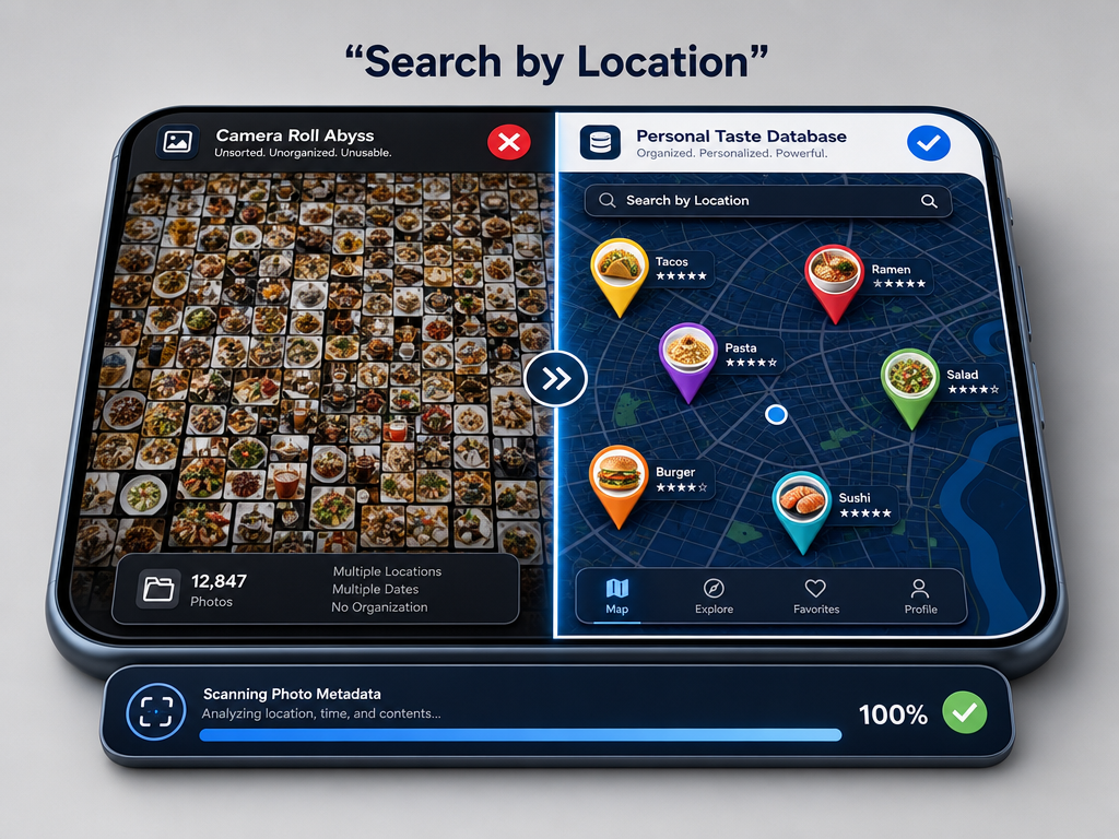 Comparison of a cluttered camera roll versus an organized digital food diary with location pins and map view for searching food entries.