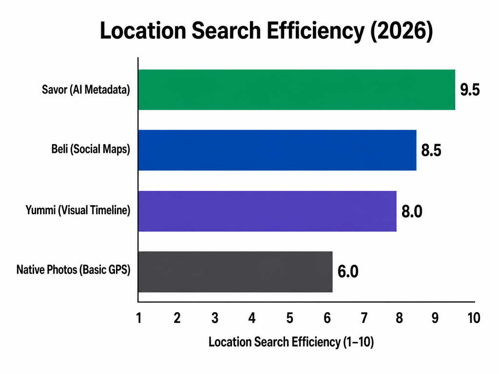 Horizontal bar chart of food diary apps Beli, Savor, and Yummi, comparing their location search efficiency and dish-level metadata capabilities.