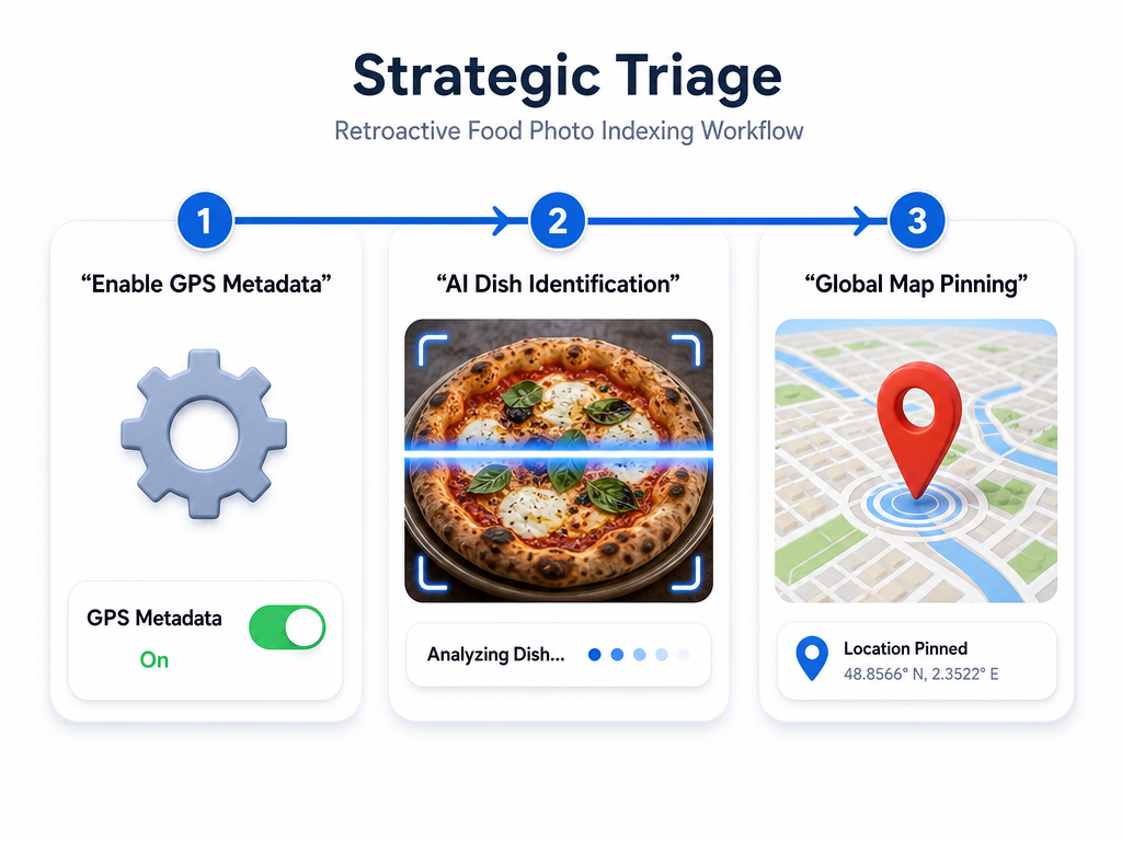 Three-step workflow diagram for retroactively indexing food photos using GPS metadata, AI identification, and automatic map pinning.