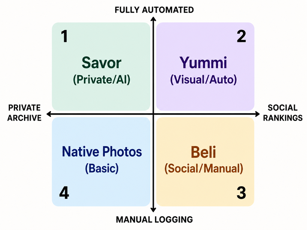 A 2x2 decision matrix comparing food diary apps based on their level of automation and social connectivity to help users choose a tool.