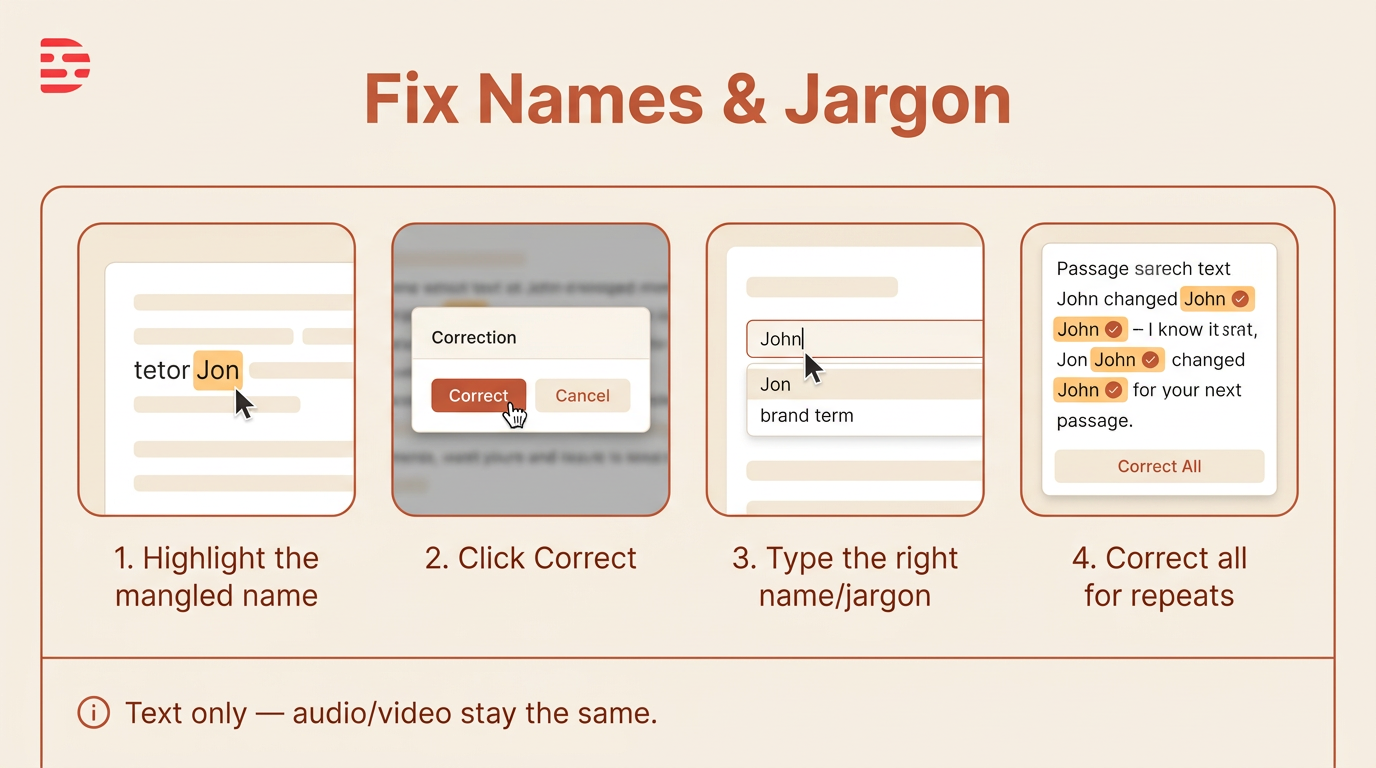Cream-branded teaching graphic: Fix Names and Jargon&acirc;&euro;&rdquo;Highlight mangled name, Correct, Type right name/jargon, Correct all for repeats