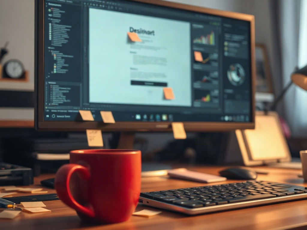A designer's desk mid-revision with a monitor showing redlined feedback, sticky notes, and a red coffee mug beside the keyboard