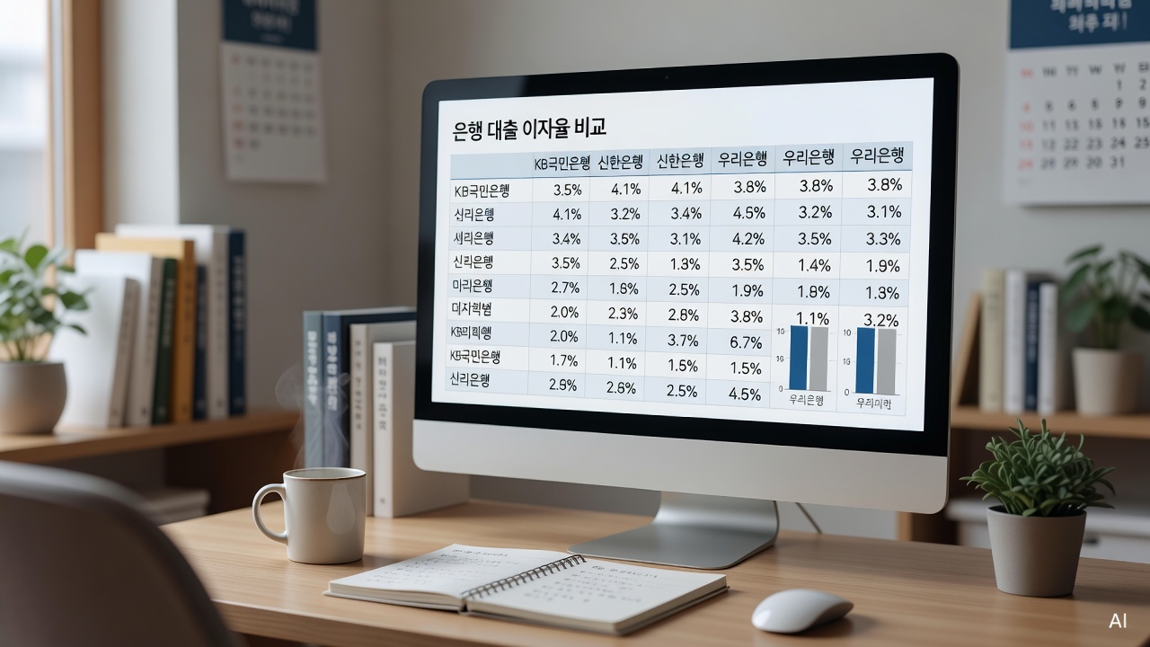 bank loan interest rate comparison chart displayed on a desktop computer screen in a home office