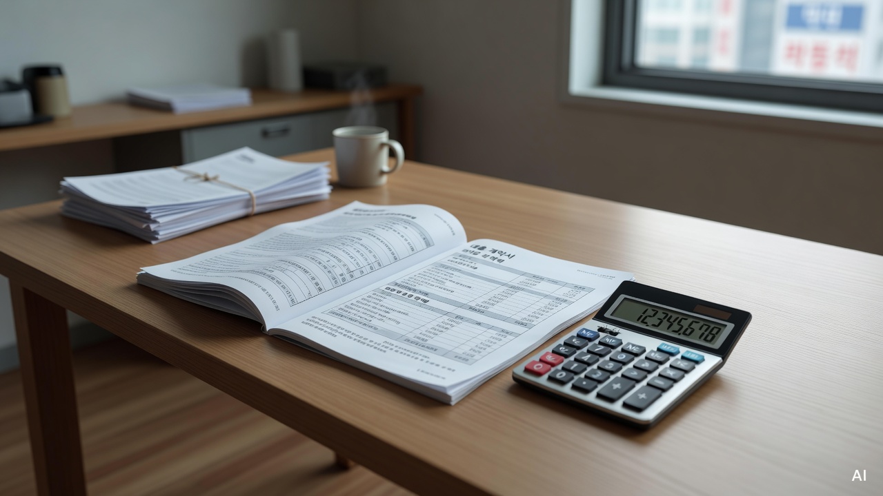 mortgage loan documents and a calculator placed on a wooden desk