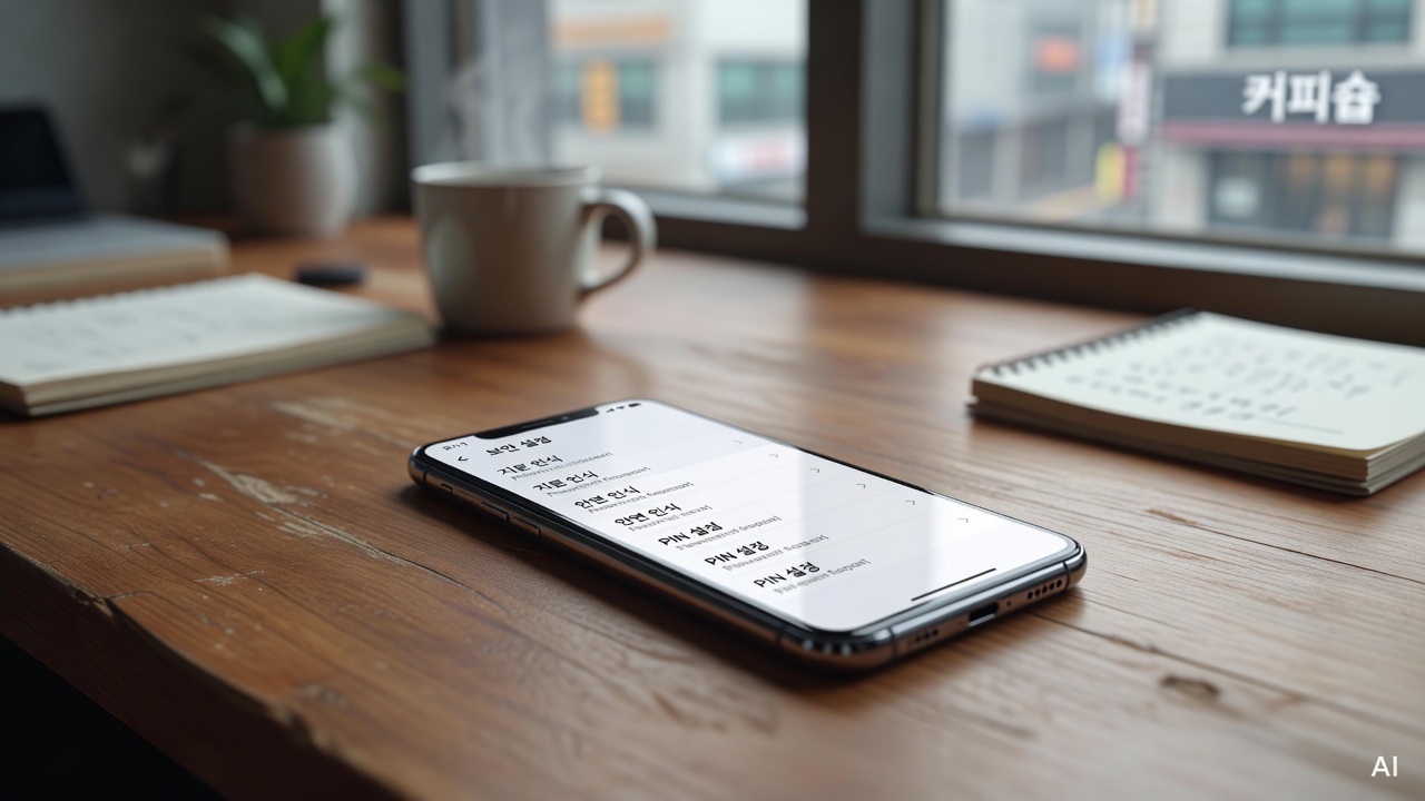 smartphone screen showing security settings menu on a wooden desk