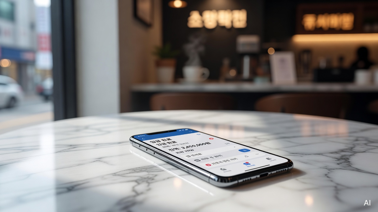 close-up of a smartphone with a banking app notification on a marble surface