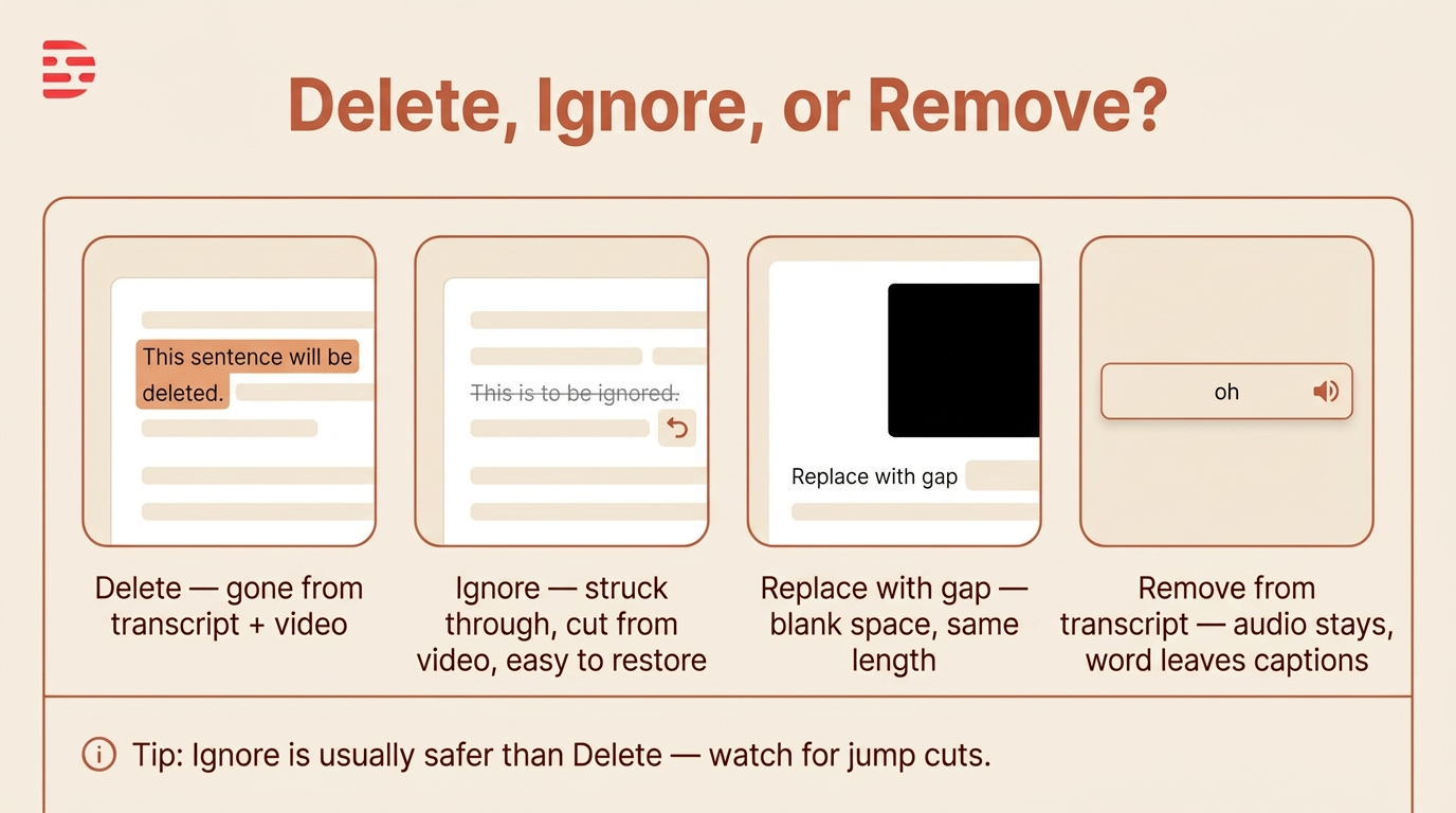 Cream-branded teaching graphic: Delete, Ignore, or Remove? Delete removes transcript and video, Ignore strikes through and is easy to restore, Replace with gap leaves a blank space, Remove from transcript keeps audio but drops the word from captions