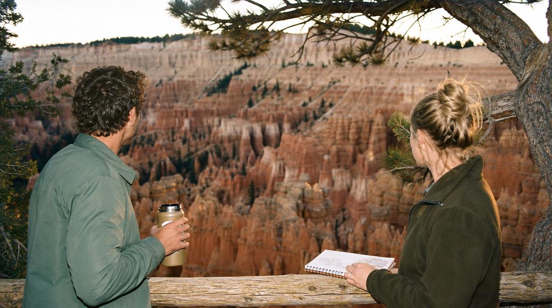 View of Bryce Canyon hoodoos glowing in sunrise light