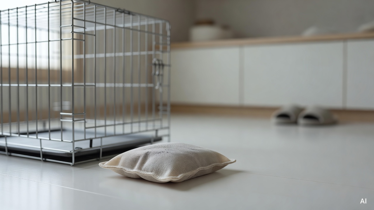 small activated charcoal deodorizer bag placed next to a pet crate on a white floor