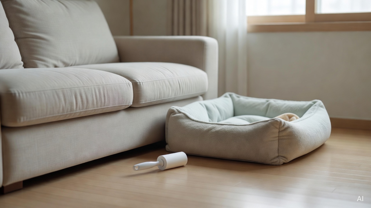 pet bed and fabric sofa with a small lint roller on a clean wooden floor