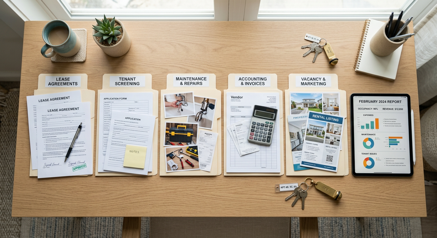 Clean, photorealistic overhead composition of five labeled folders representing rental management options, with lease pape...