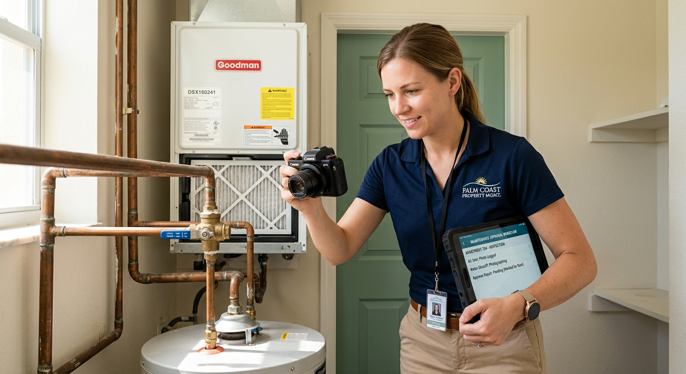 Photorealistic close-up of a property manager conducting a rental inspection in a bright South Florida home, photographing...