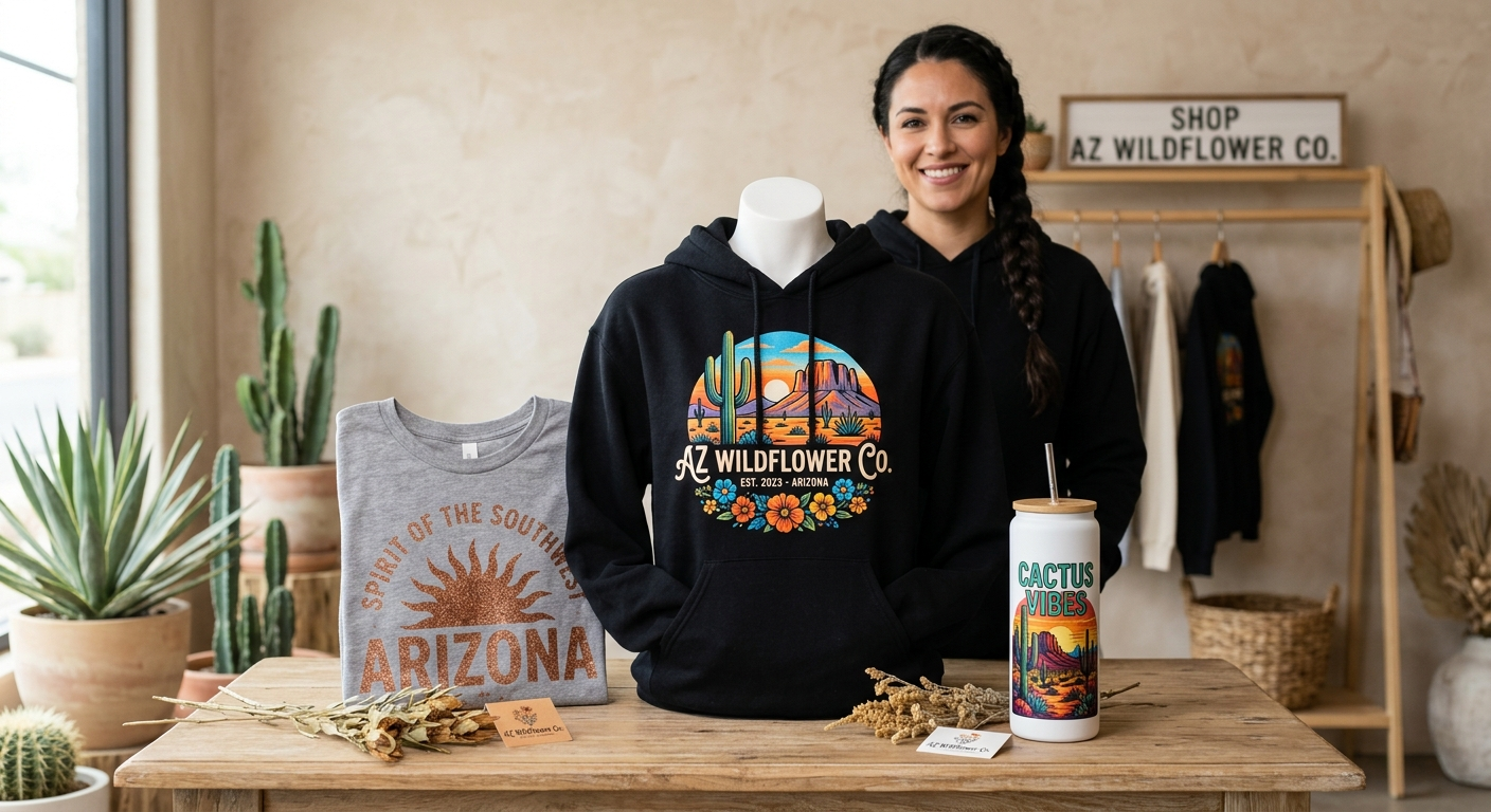 Photorealistic product styling scene featuring a black hoodie with a colorful DTF chest graphic, a glitter-finish spirit s...