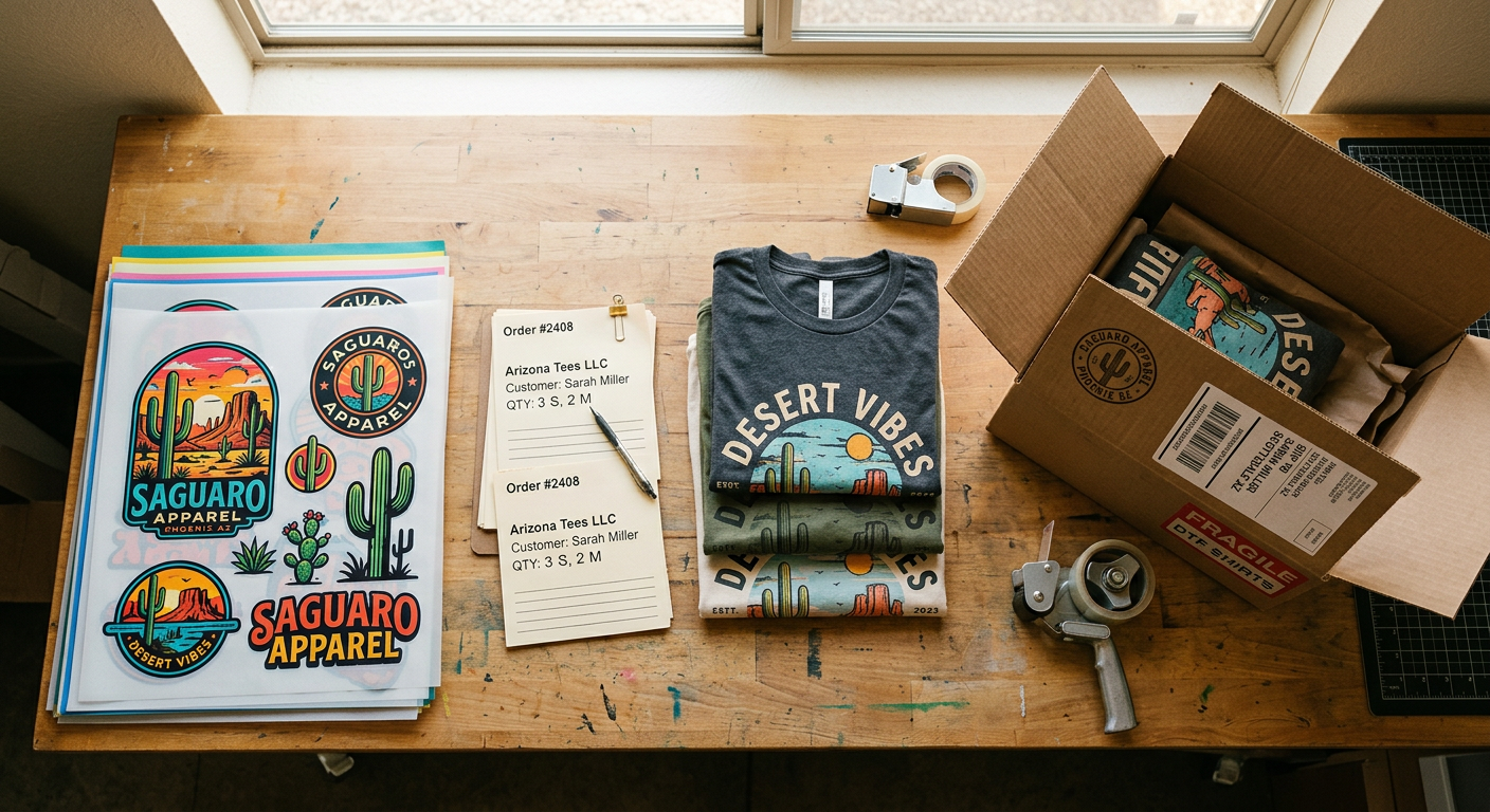Close-up photorealistic overhead view of neatly stacked colorful DTF transfer sheets, order tickets, folded cotton shirts,...