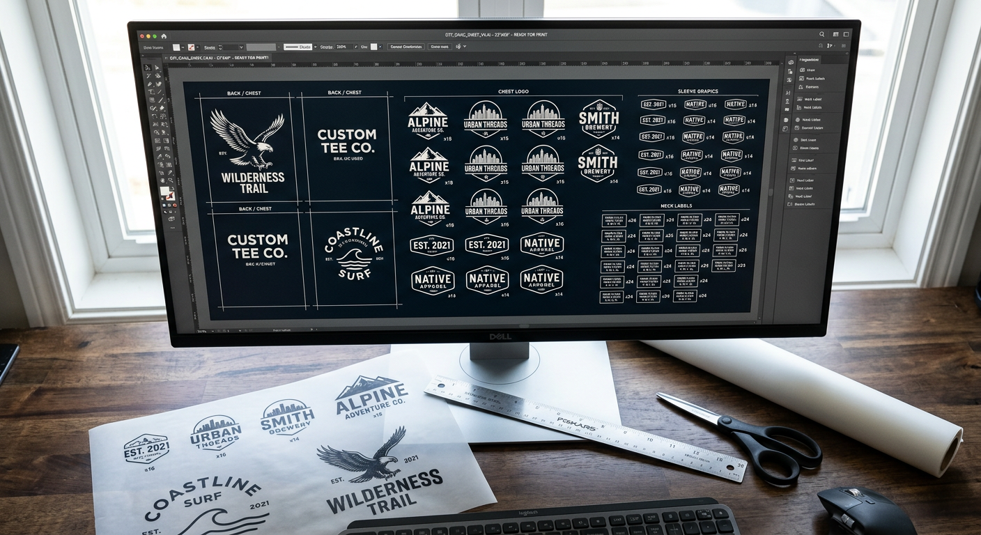 Photorealistic overhead close-up of a computer screen with a DTF gang sheet layout containing small chest logos, sleeve gr...