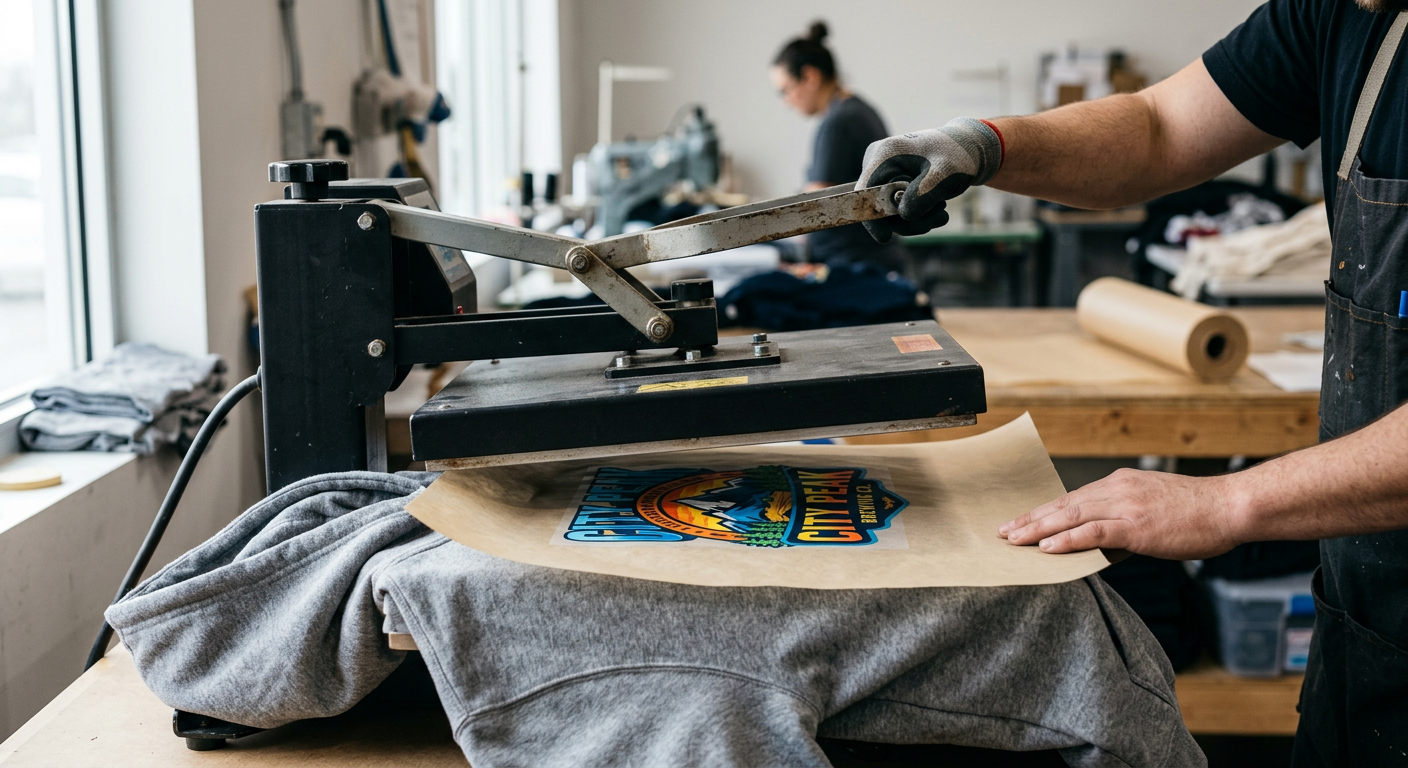 Photorealistic close-up of a finished full-color DTF print on a heather-gray hoodie, operator performing a final parchment...