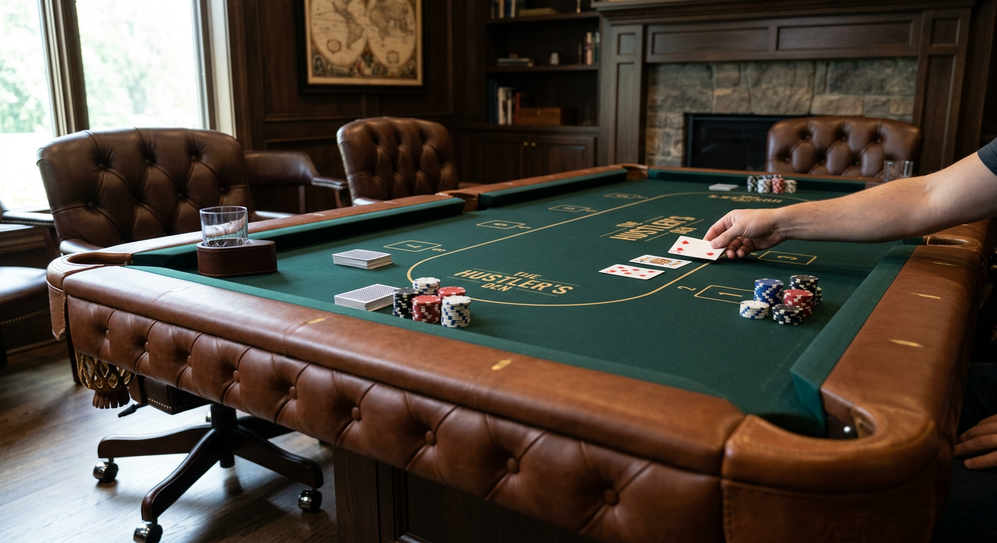 Photorealistic close interior view of a rectangular six-pocket pool table used for poker, showing a thin flexible dark gre...