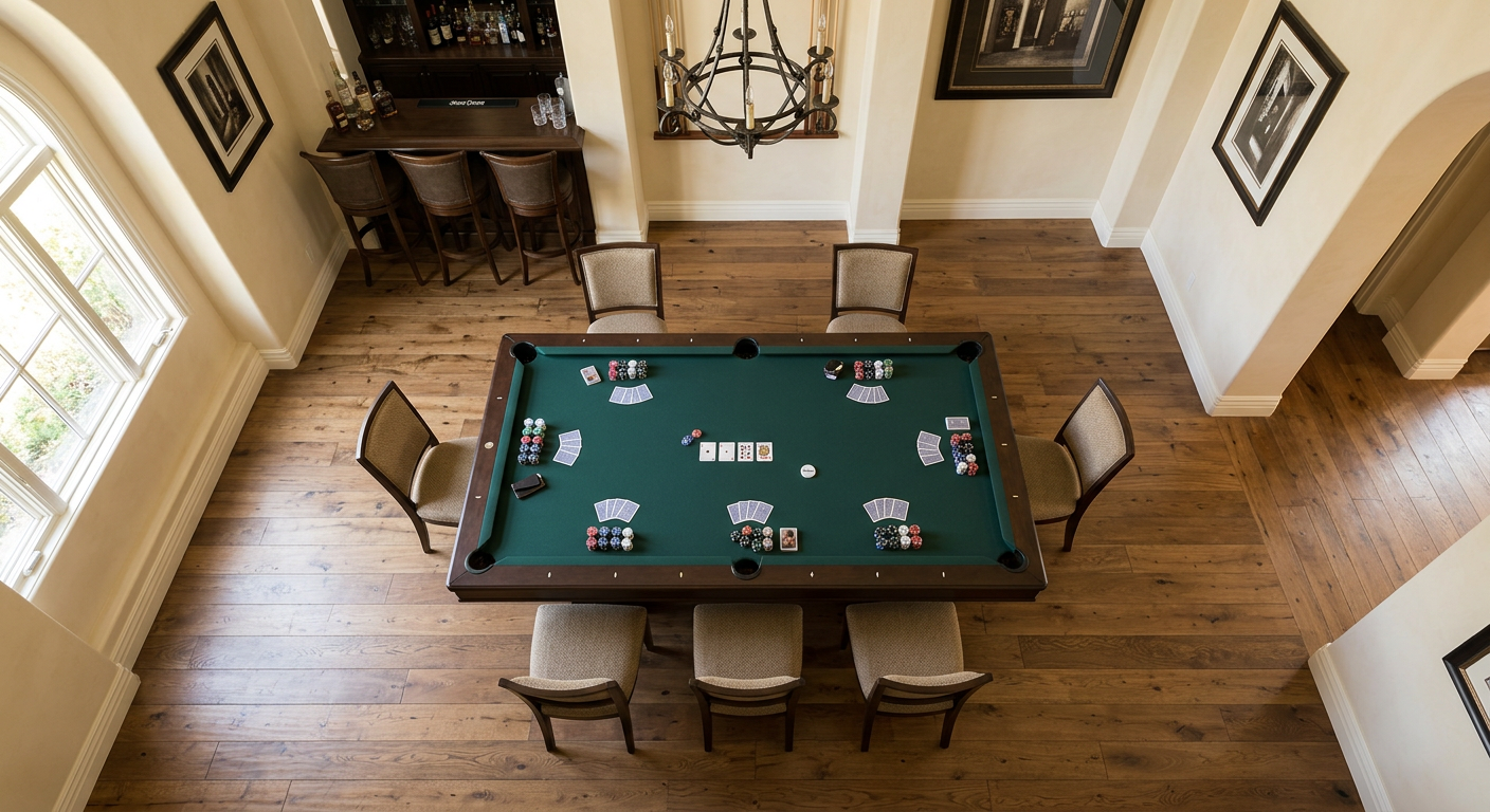 Best Pool Table Poker Table Combo for Beverly Hills Estates | Luxury Custom Pool Tables | Brilliant Billiards Photorealistic overhead architectural interior photograph of a refined Beverly Hills game room, showing one rectangular si...