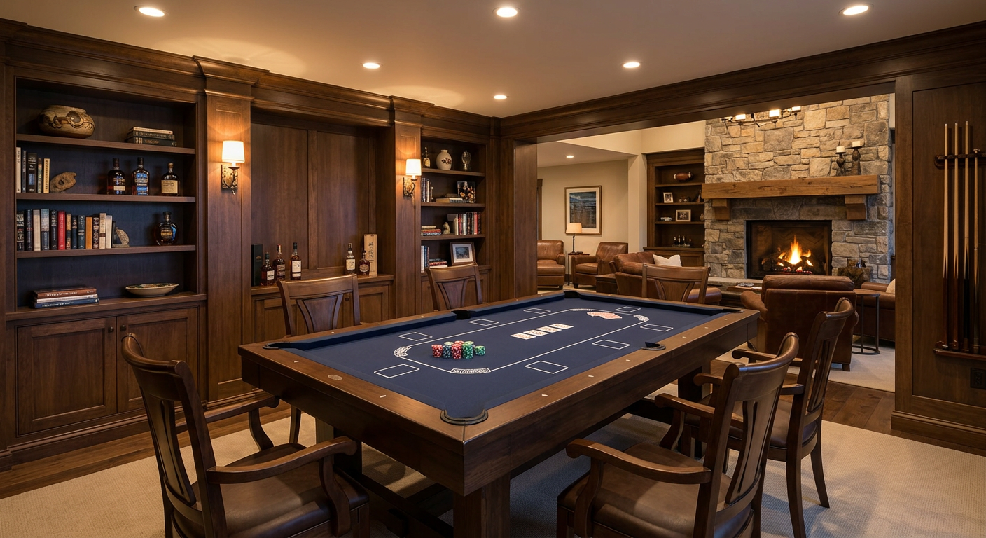 Photorealistic luxury game room photographed from a slightly elevated wide angle, one rectangular six-pocket pool table wi...