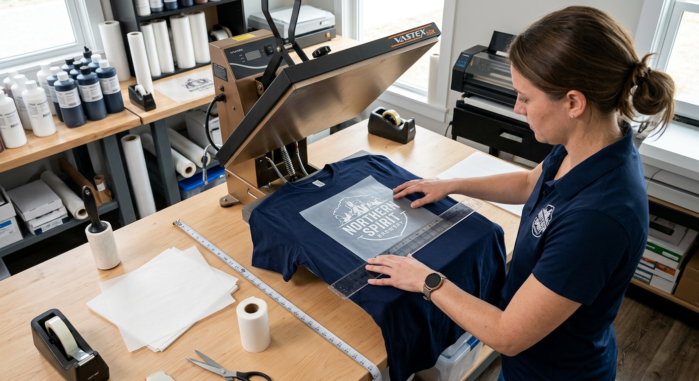 Photorealistic overhead view of a print-shop operator aligning a transparent DTF transfer on a navy T-shirt with a collar ...