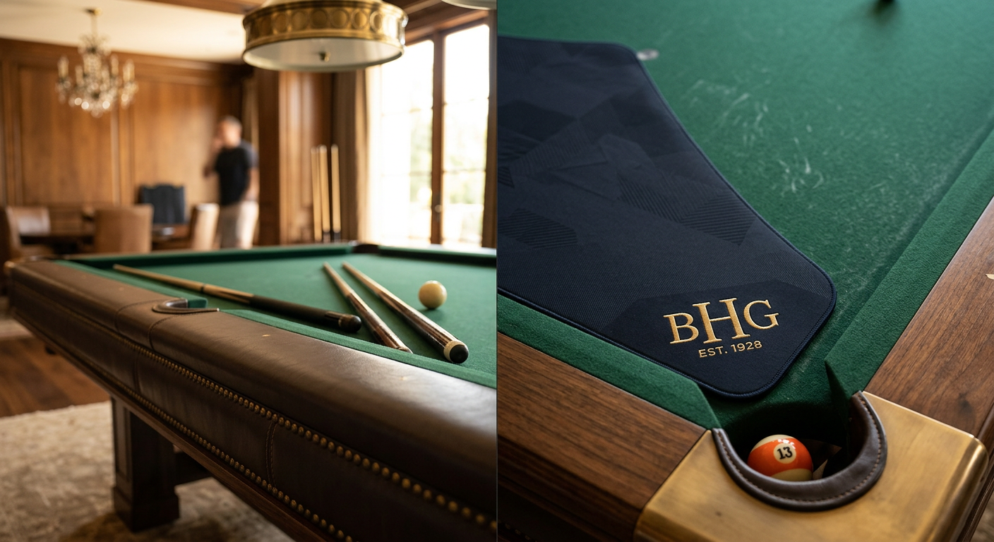 Best Pool Table Poker Table Combo for Beverly Hills Estates | Luxury Custom Pool Tables | Brilliant Billiards Photorealistic close interior detail of a custom rectangular six-pocket pool table in a Beverly Hills residence, focusing ...