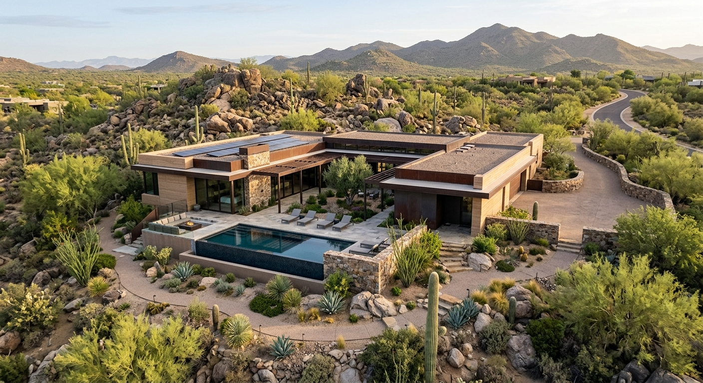 Custom Residential Landscape Design in Carefree, Arizona | Luxury Landscape Architecture Scottsdale & Phoenix | Waibel & Associates Photorealistic aerial view of a custom Carefree home integrated into a rocky Sonoran Desert site, showing preserved native...