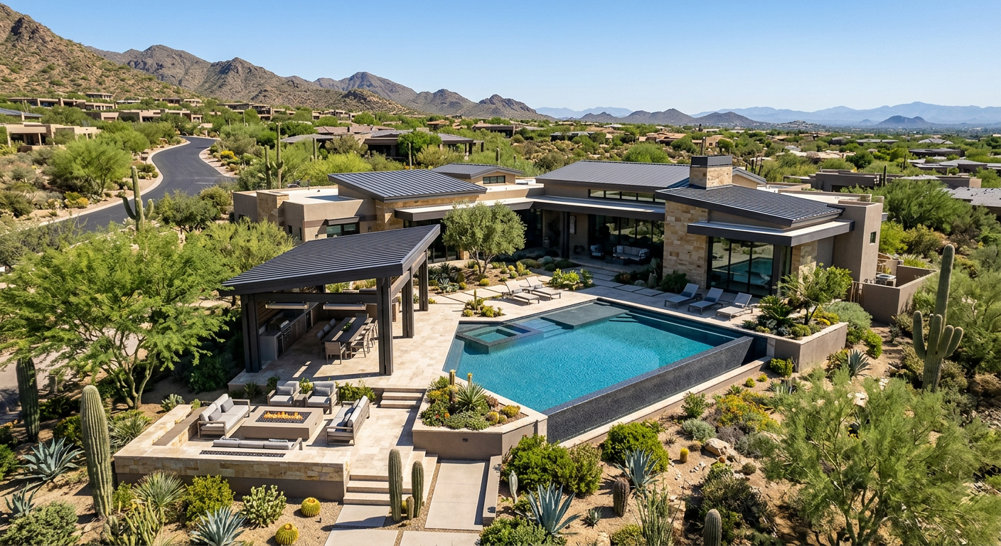 Photorealistic aerial view of a North Scottsdale custom residence showing a connected outdoor living plan, including a poo...