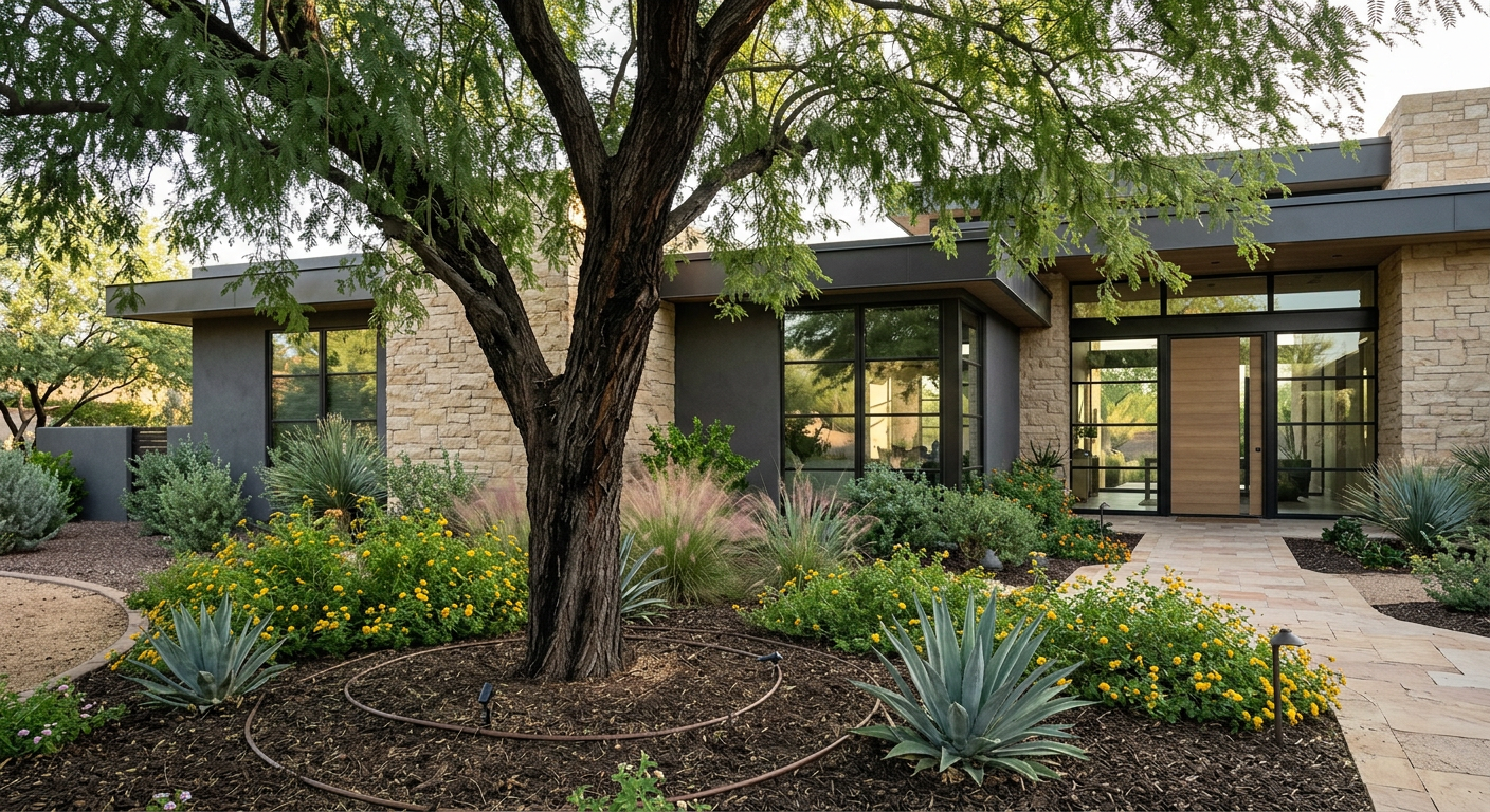 Photorealistic close view of a mature desert shade tree beside a contemporary Arizona home, with a discreet basin irrigati...