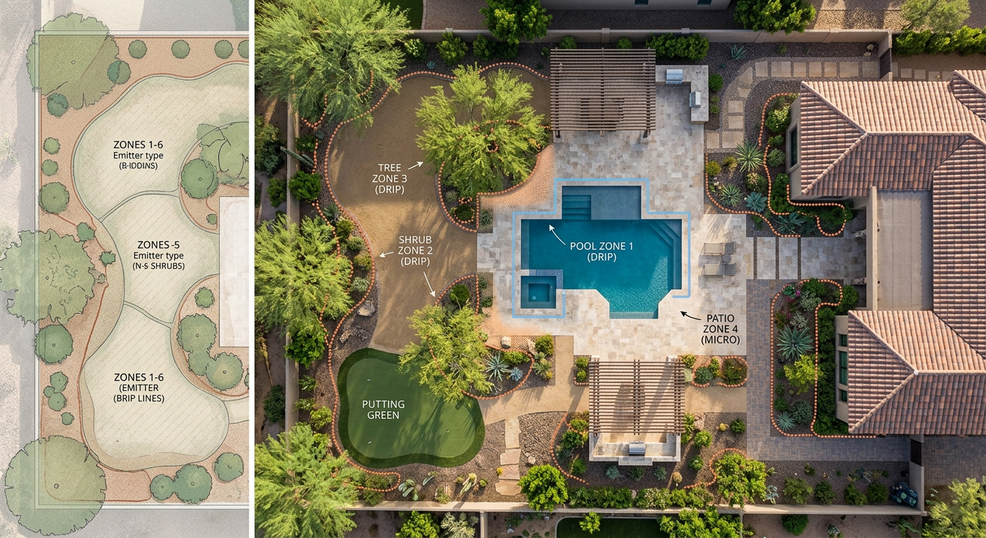 Photorealistic overhead view of a refined residential landscape plan beside a finished Arizona garden, showing subtle irri...