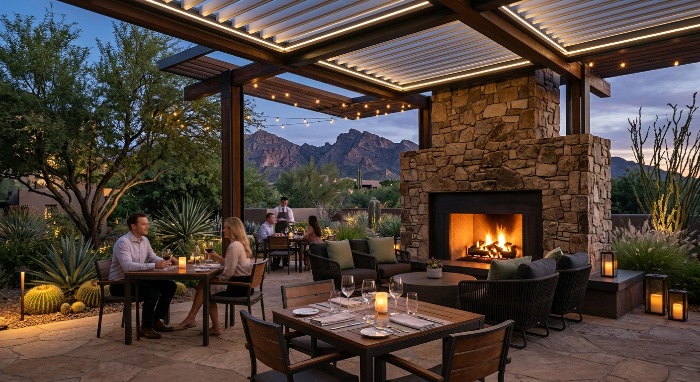 Photorealistic close view of an elegant North Scottsdale outdoor dining terrace at dusk, with a contemporary stone firepla...