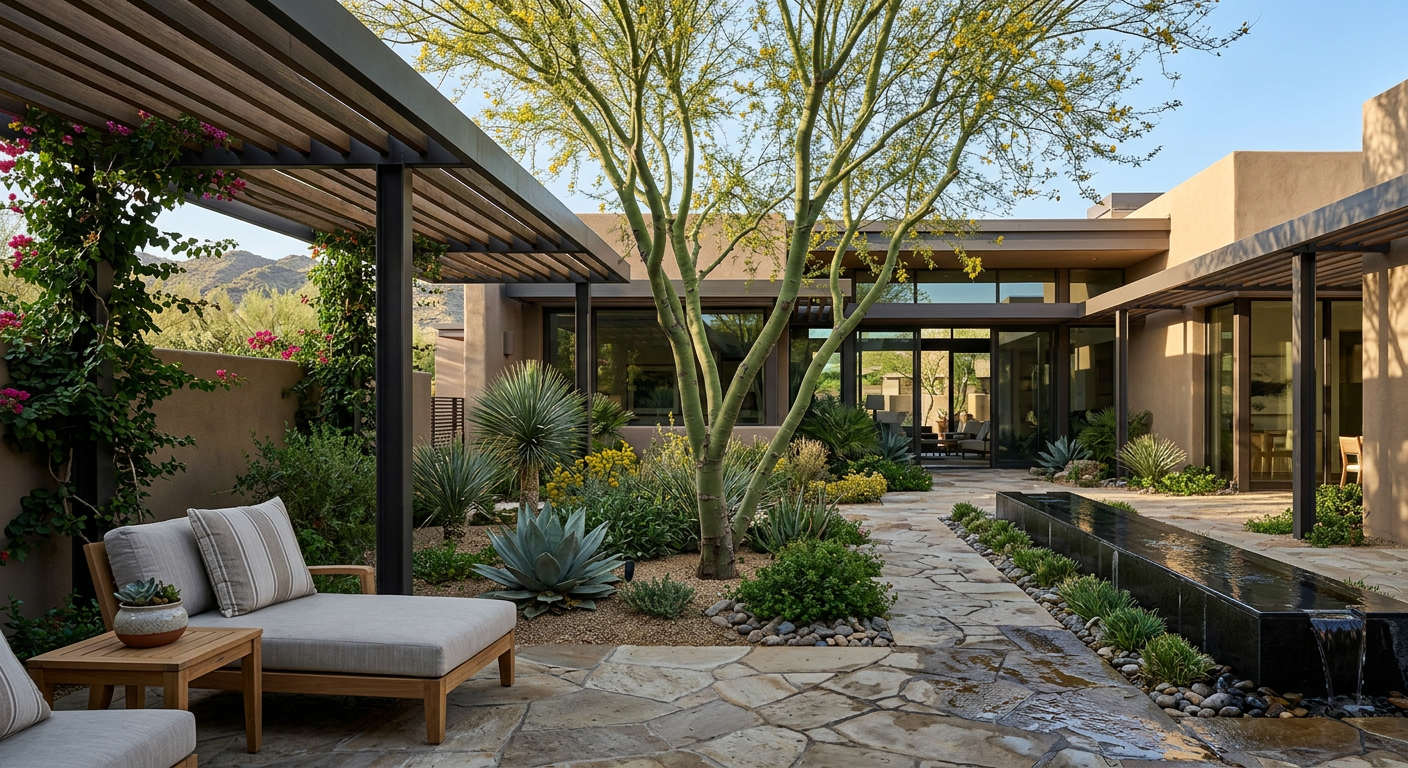 Custom Residential Landscape Design in Carefree, Arizona | Luxury Landscape Architecture Scottsdale & Phoenix | Waibel & Associates Photorealistic close-up of a sophisticated Carefree courtyard featuring a multi-trunk desert tree, layered drought-toleran...