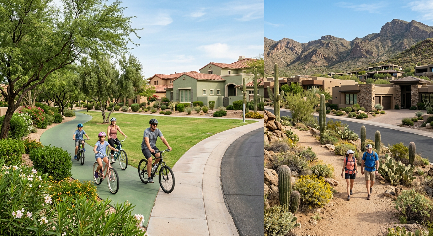 Photorealistic street-level scene split naturally between two Scottsdale lifestyle settings, a leafy central neighborhood ...