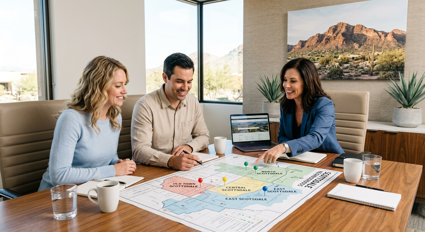 Photorealistic Scottsdale relocation consultation scene with a couple studying a neighborhood map beside a local real esta...
