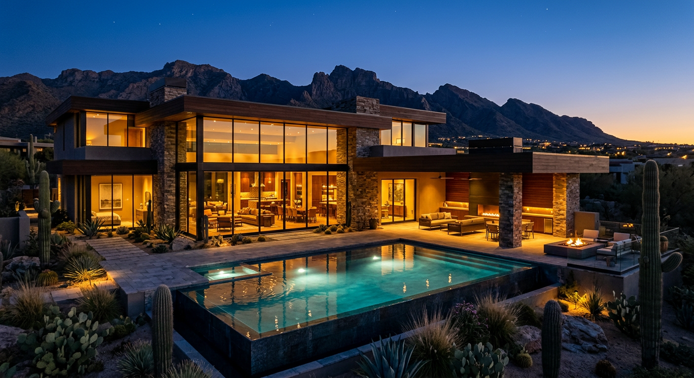 Photorealistic twilight exterior of a modern Scottsdale luxury home with expansive glass walls, illuminated pool, covered ...