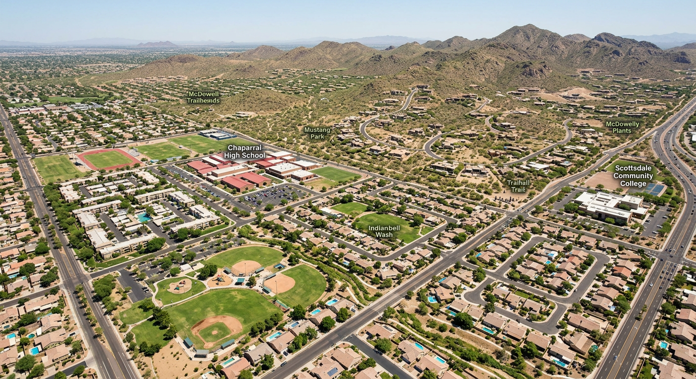 Photorealistic aerial view of Scottsdale neighborhoods transitioning from central greenbelt communities to north Scottsdal...