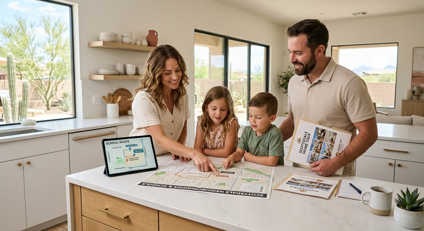 Photorealistic family reviewing a neighborhood map and school route at a bright kitchen island, a Scottsdale home tour fol...
