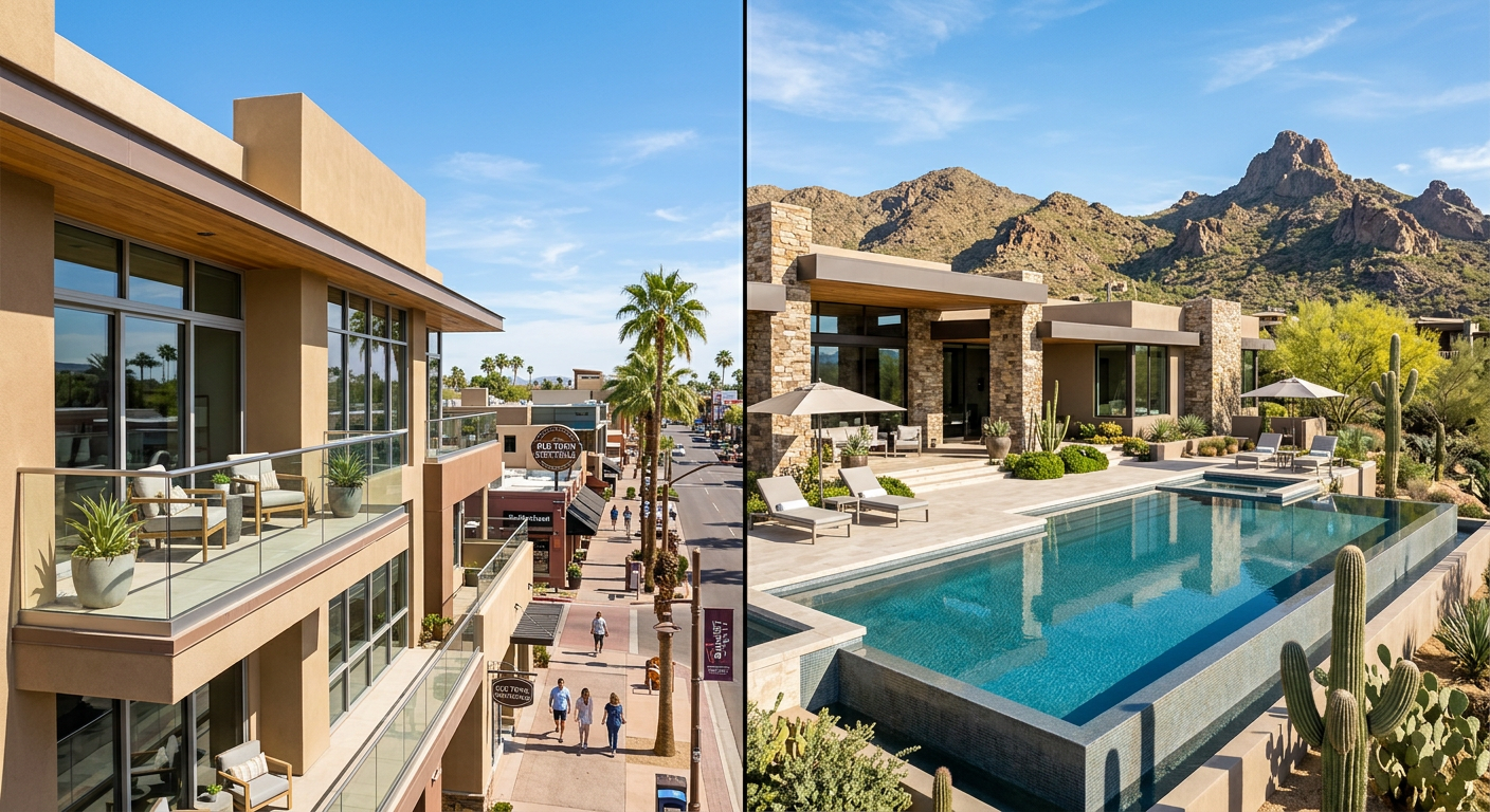 What Is the Cost of Living in Scottsdale? Buyer Budget Guide 2 Photorealistic split-scene showing a modern Old Town Scottsdale condo on one side and a North Scottsdale desert home with ...