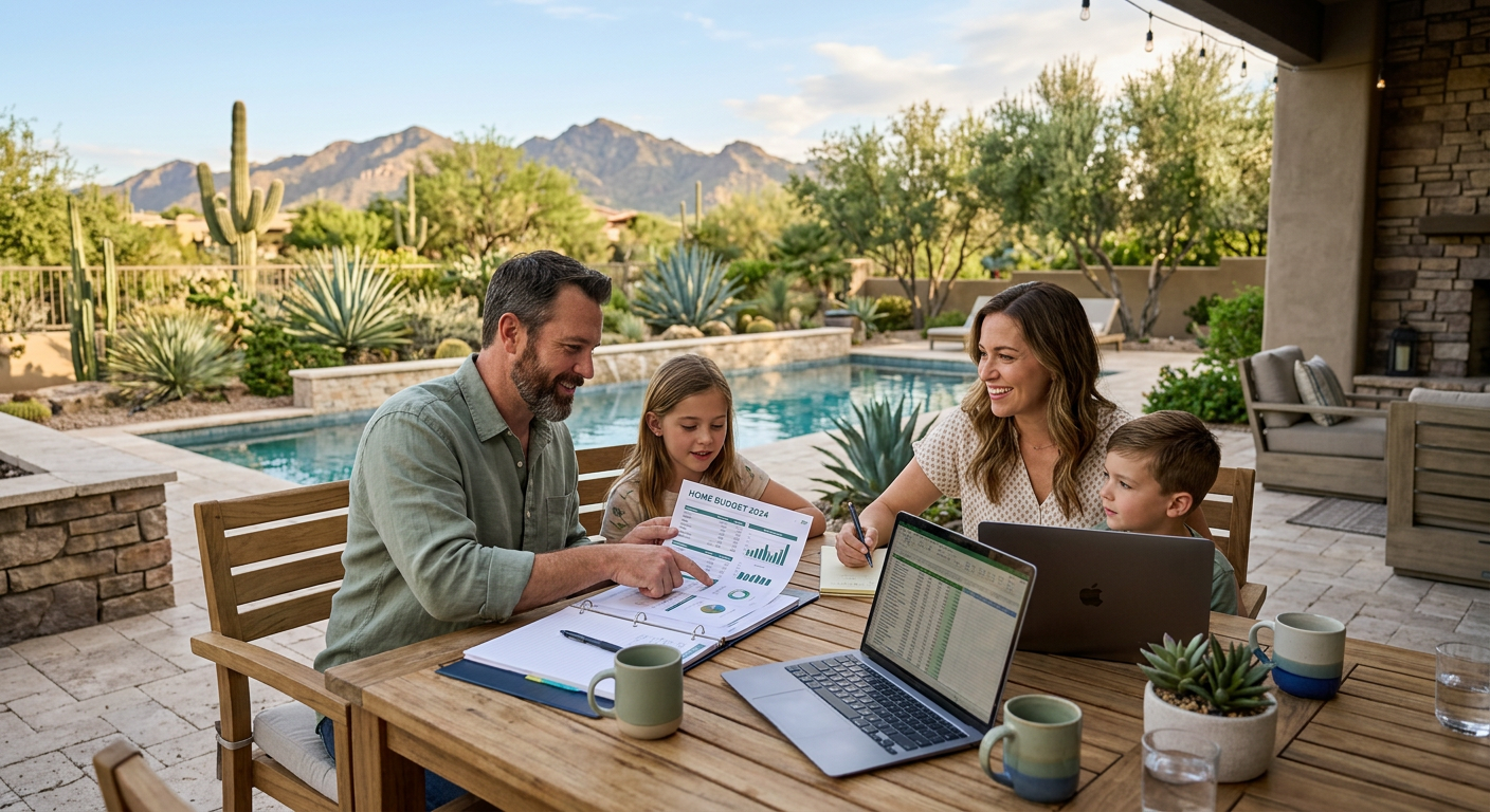What Is the Cost of Living in Scottsdale? Buyer Budget Guide 3 Photorealistic Scottsdale family reviewing a home budget at an outdoor patio table beside a desert-style backyard and pool...