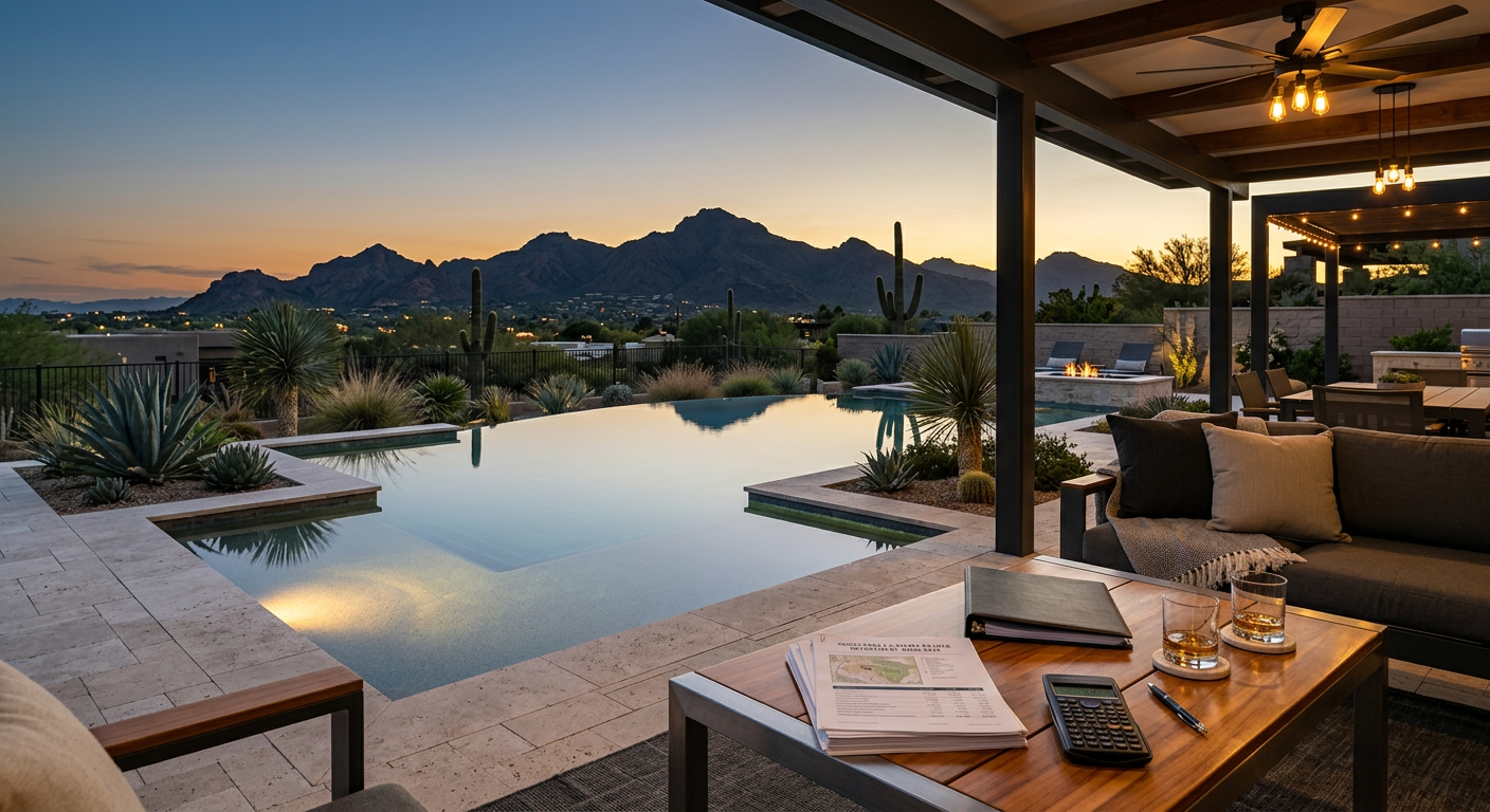 Elegant photorealistic Scottsdale luxury backyard with a geometric pool, covered patio, desert landscaping, and mountain h...