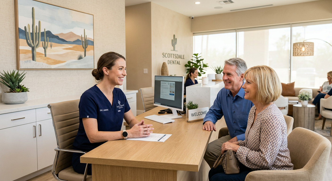 Emergency Dental Care Scottsdale Near Me: When Pain Needs Help | Scottsdale Dentist | Cosmetic & Family Dentist 85250 Photorealistic image of a smiling female American dentist speaking reassuringly with a middle-aged American couple at a br...