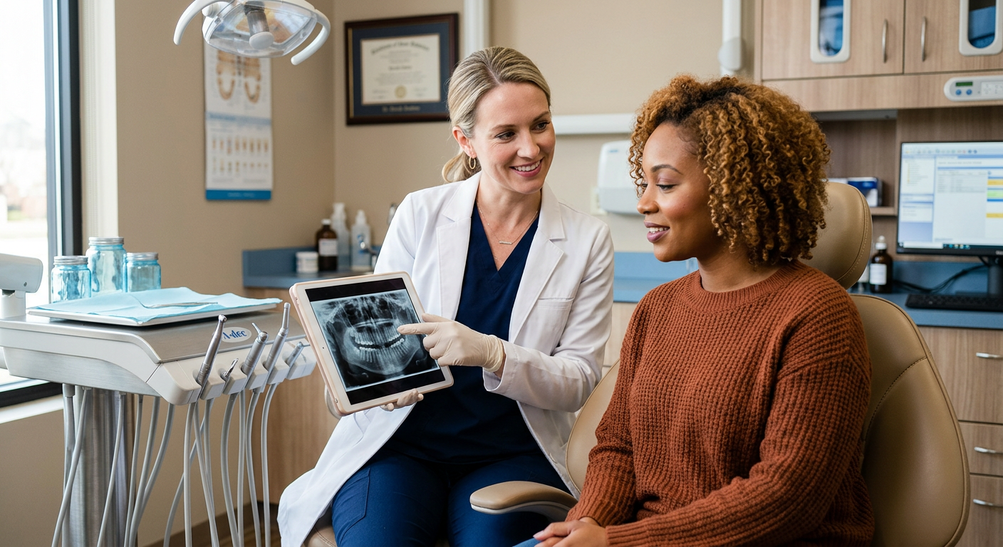 Emergency Dental Care Scottsdale Near Me: When Pain Needs Help | Scottsdale Dentist | Cosmetic & Family Dentist 85250 Photorealistic close-up of a female American dentist reviewing a dental X-ray with an adult patient, both seated comfortab...