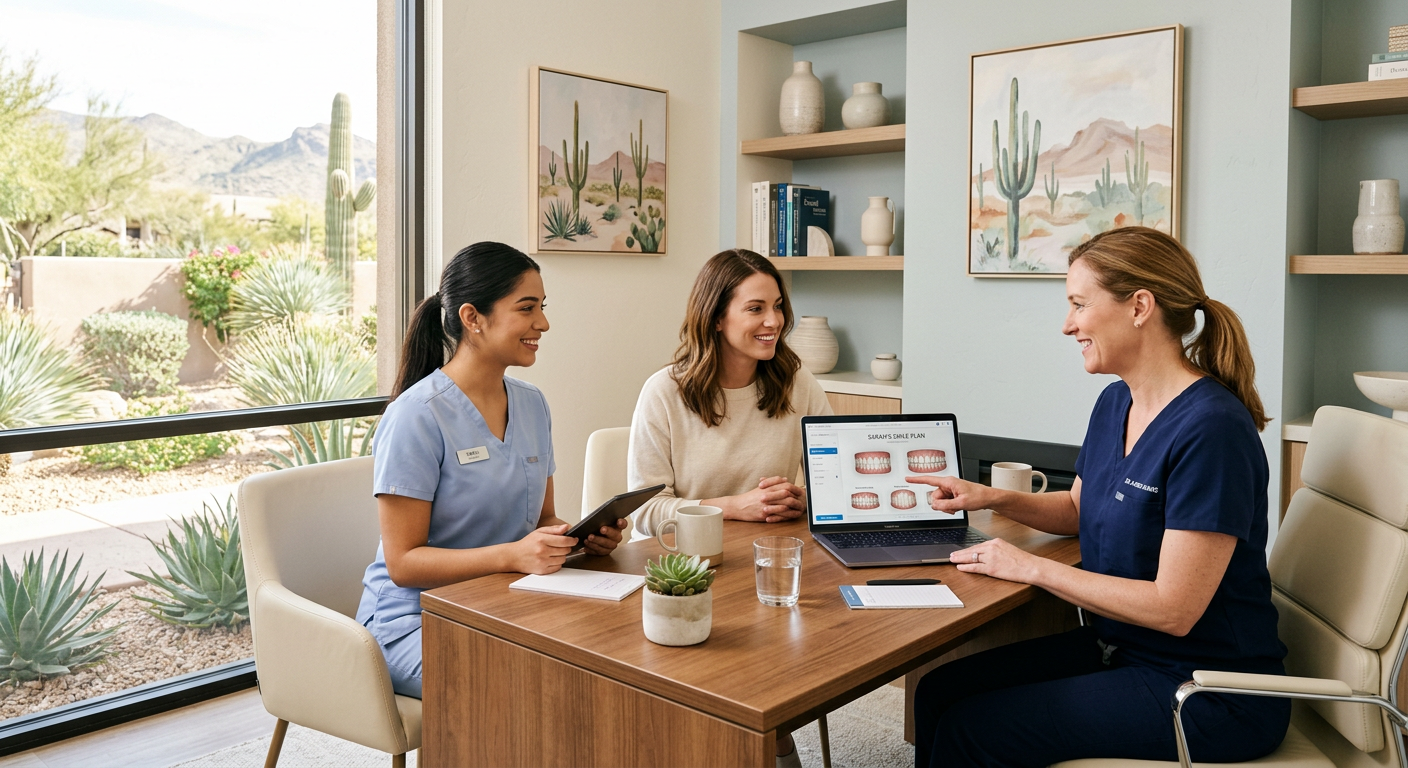 Best Cosmetic Dentist Scottsdale: Choose With Real Confidence | Scottsdale Dentist | Cosmetic & Family Dentist 85250 Photorealistic wide-angle scene of a female dentist and dental assistant reviewing a smile plan with an adult patient in a...