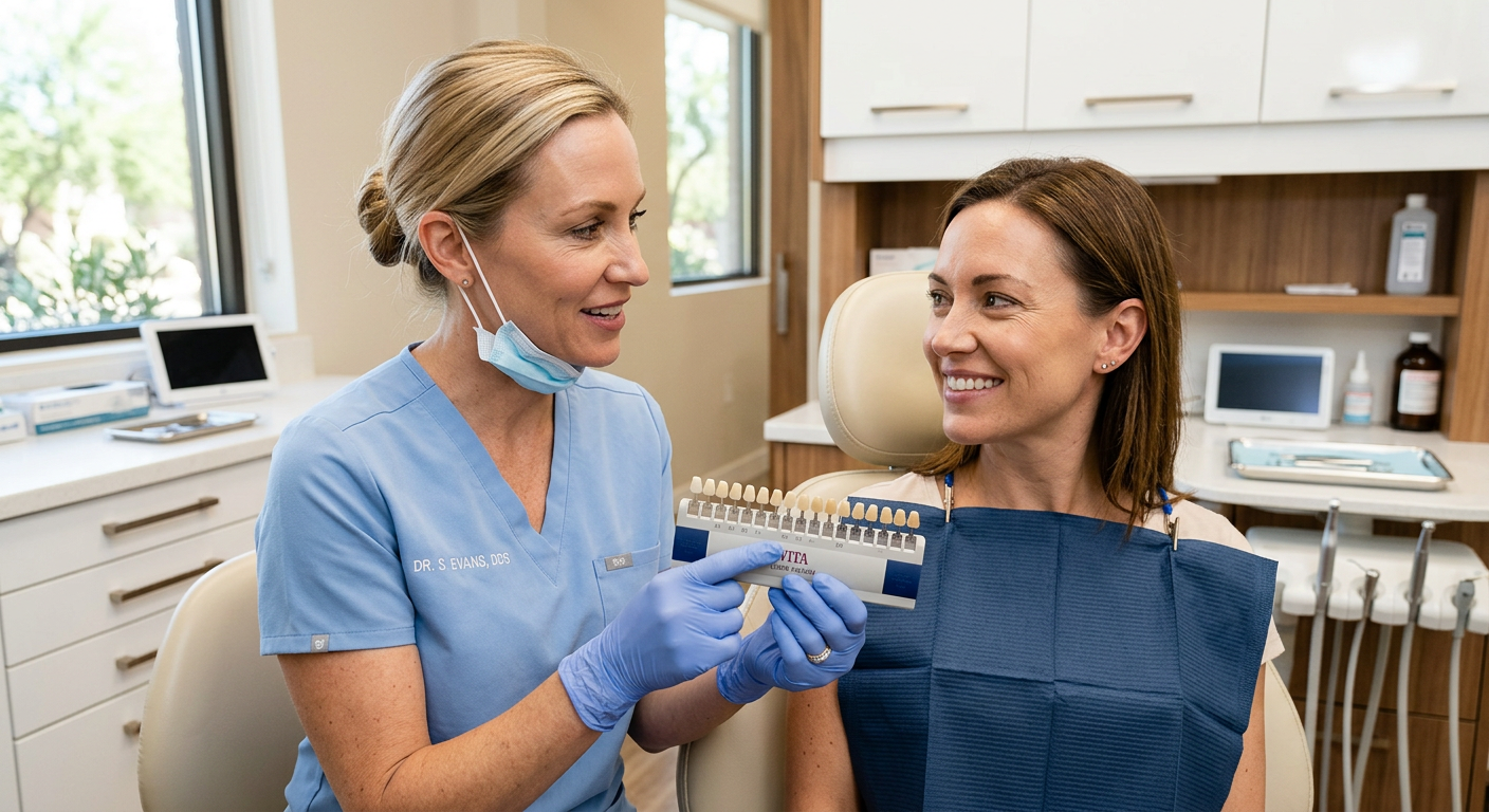 Best Cosmetic Dentist Scottsdale: Choose With Real Confidence | Scottsdale Dentist | Cosmetic & Family Dentist 85250 Photorealistic close-up of a female dentist holding a tooth shade guide and speaking reassuringly with an adult patient in...