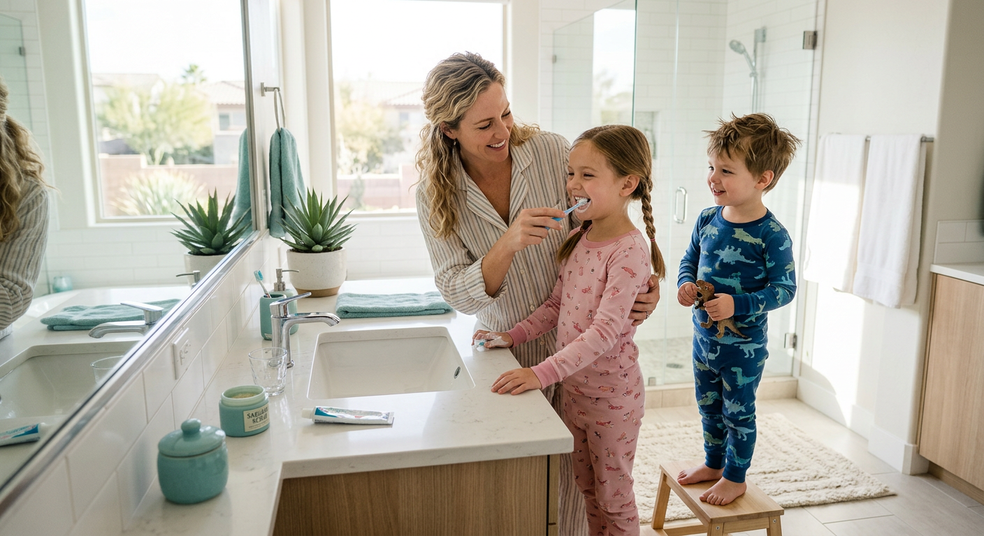 Family Dentist 85250 for Kids: A Calm Path to Healthy Habits | Scottsdale Dentist | Cosmetic & Family Dentist 85250 Photorealistic family moment in a bright Scottsdale bathroom, an American mother helping her elementary-age child brush wi...