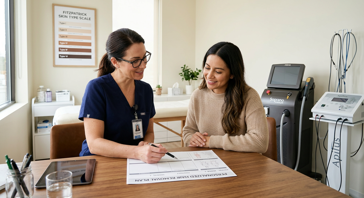 Photorealistic close-up of a licensed clinician reviewing a personalized hair-removal plan with an adult client, with a sk...