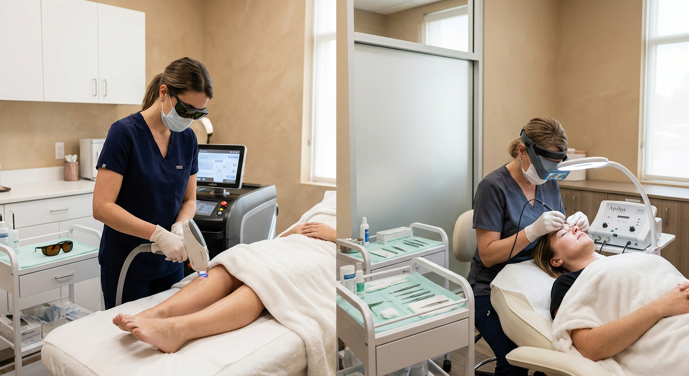 Photorealistic close-up of two professional hair-removal treatment rooms side by side, one featuring a laser handpiece and...