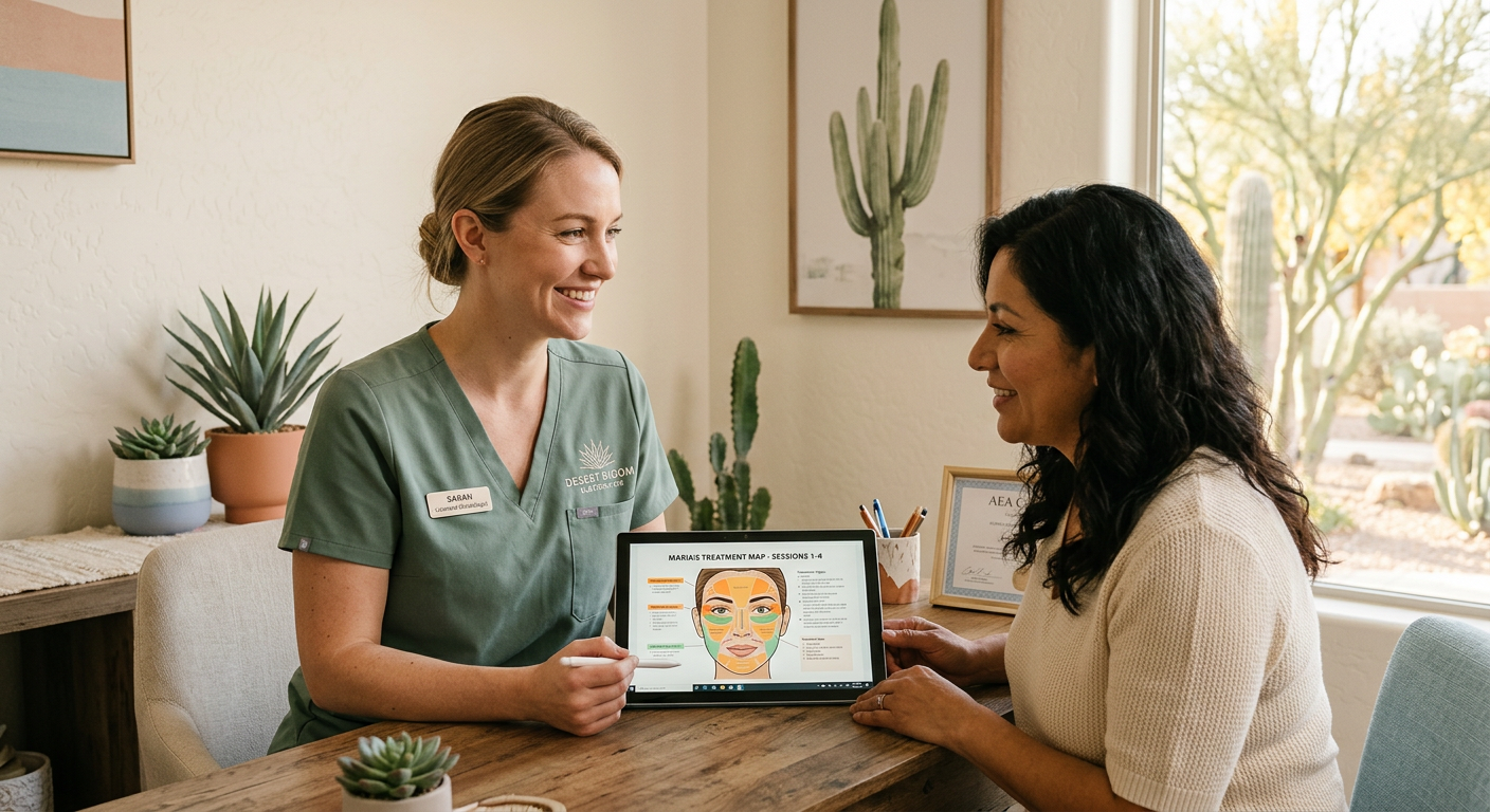 Warm, photorealistic consultation scene with an electrologist and adult client reviewing a customized treatment map on a t...