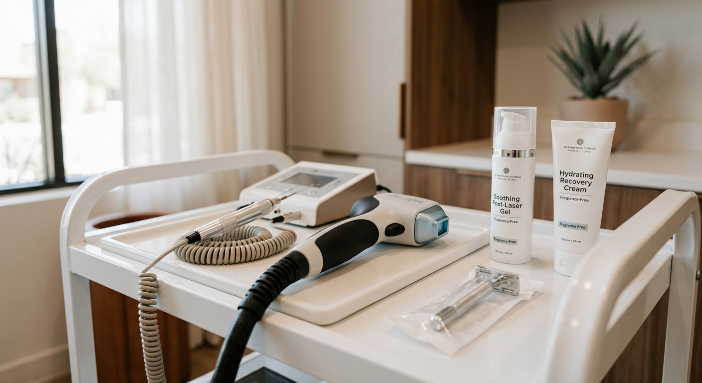 Photorealistic close-up of a clean treatment tray with a fresh razor, soothing fragrance-free skincare, laser handpiece, a...
