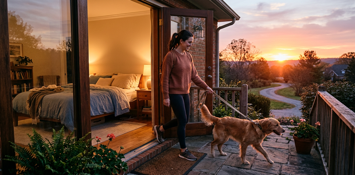 Modern editorial illustration of a person stepping outdoors at sunrise with a dog on a leash, while a softly lit bedroom a...